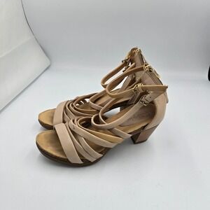 Bussola Est 1978 Women's Leather Strappy Block Heel Sandal Size 38 Beige‎ Gold